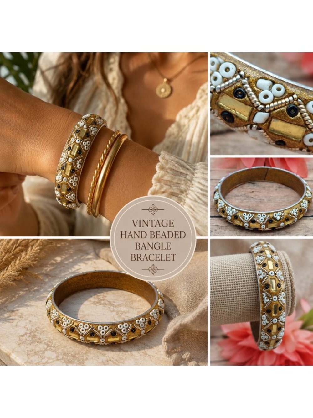 Vintage Artisan Seed Bead Bangle Bracelet Gold White Black Mosaic Boho Statement
